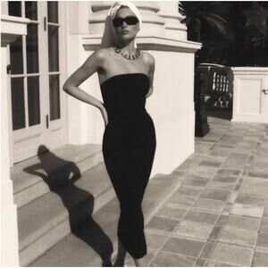 B51 Helsa Tube Midi Dress Black M Jersey Seamed Strapless LBD‎ Bodycon Cocktail